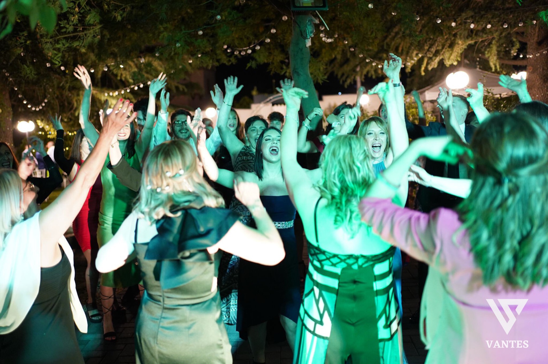 Gruppo di ospiti che balla all'aperto di notte, con le mani alzate e luci verdi e bianche che illuminano il pubblico. Sullo sfondo si vedono alberi, catenarie luminose e l'atmosfera festosa della pista da ballo allestita nel giardino.
